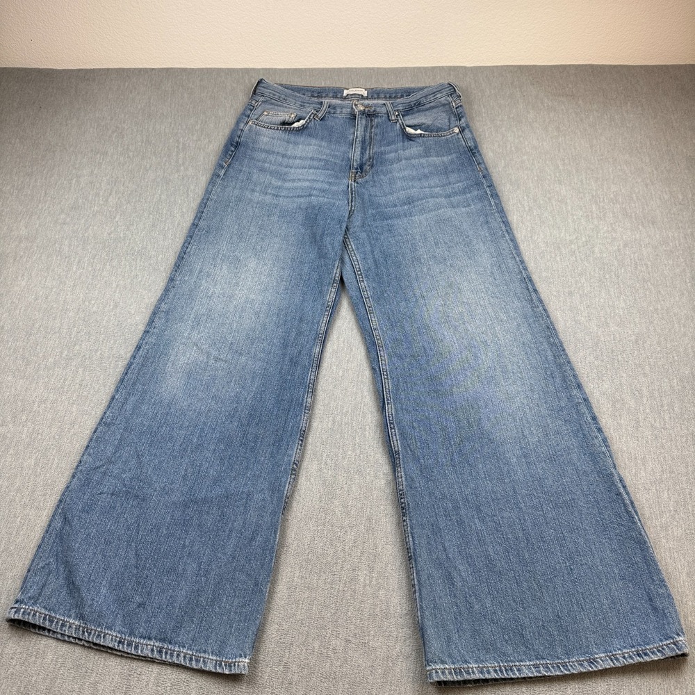 Zara Woman Jeans Womens 31 Blue Wide Leg High Rise Denim Baggy Streetwear Pocket